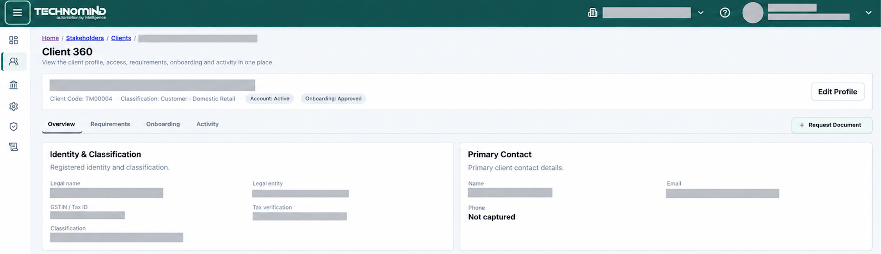 MindSupplier Client 360 workspace showing profile, requirements, onboarding and activity context