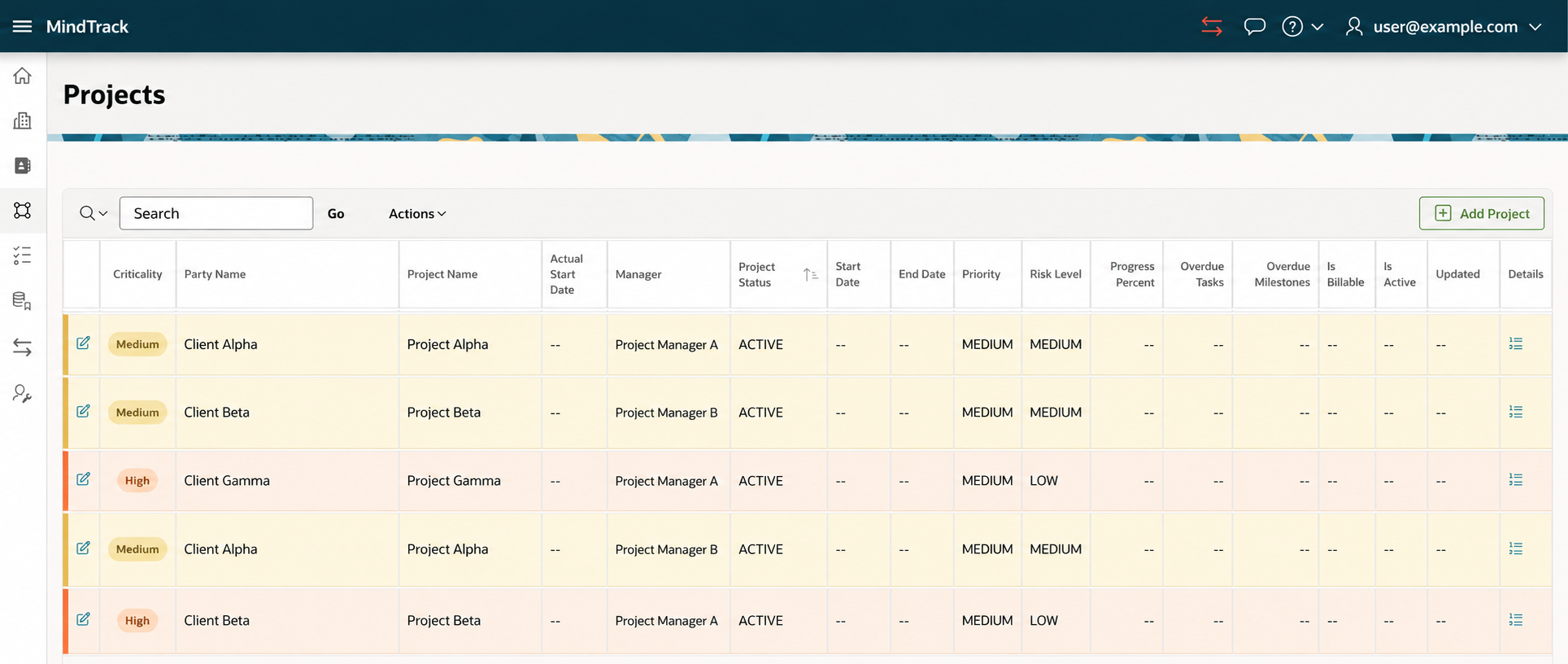 An anonymized MindTrack projects table showing project tracking fields and statuses